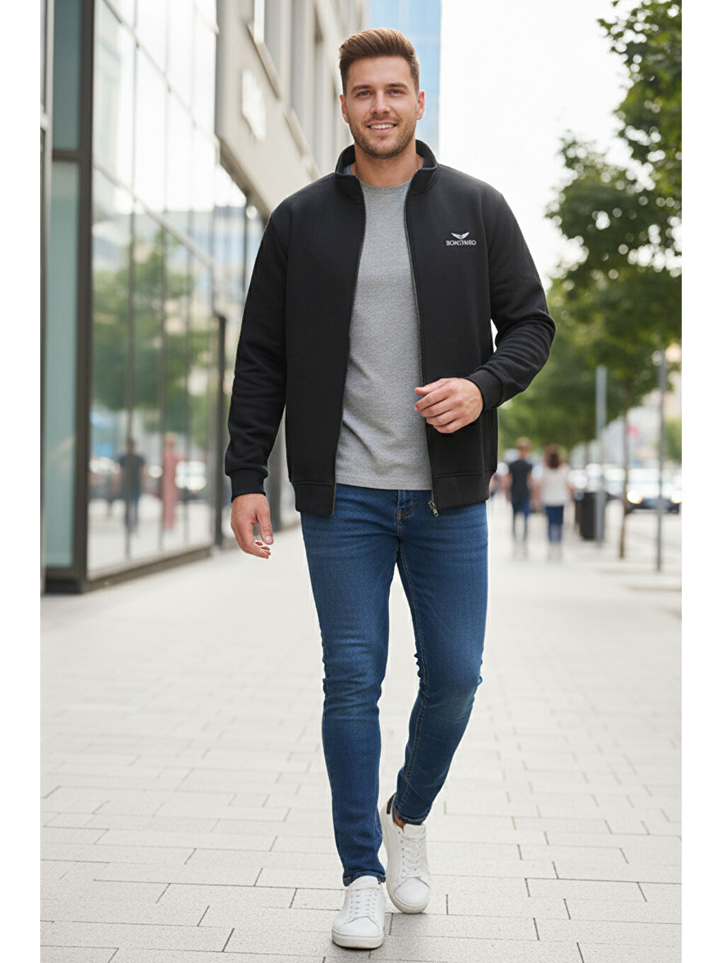 Büyük Beden Erkek Üç İplik Şardonlu Pamuklu Önü Fermuarlı Tek Üst Ceket 0316 Siyah-1