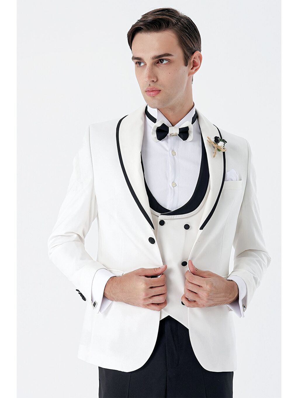 Beyaz Desenli Armürlü Kruvaze 6 Drop Slim Fit Smokin Damatlık Takım 1001230214