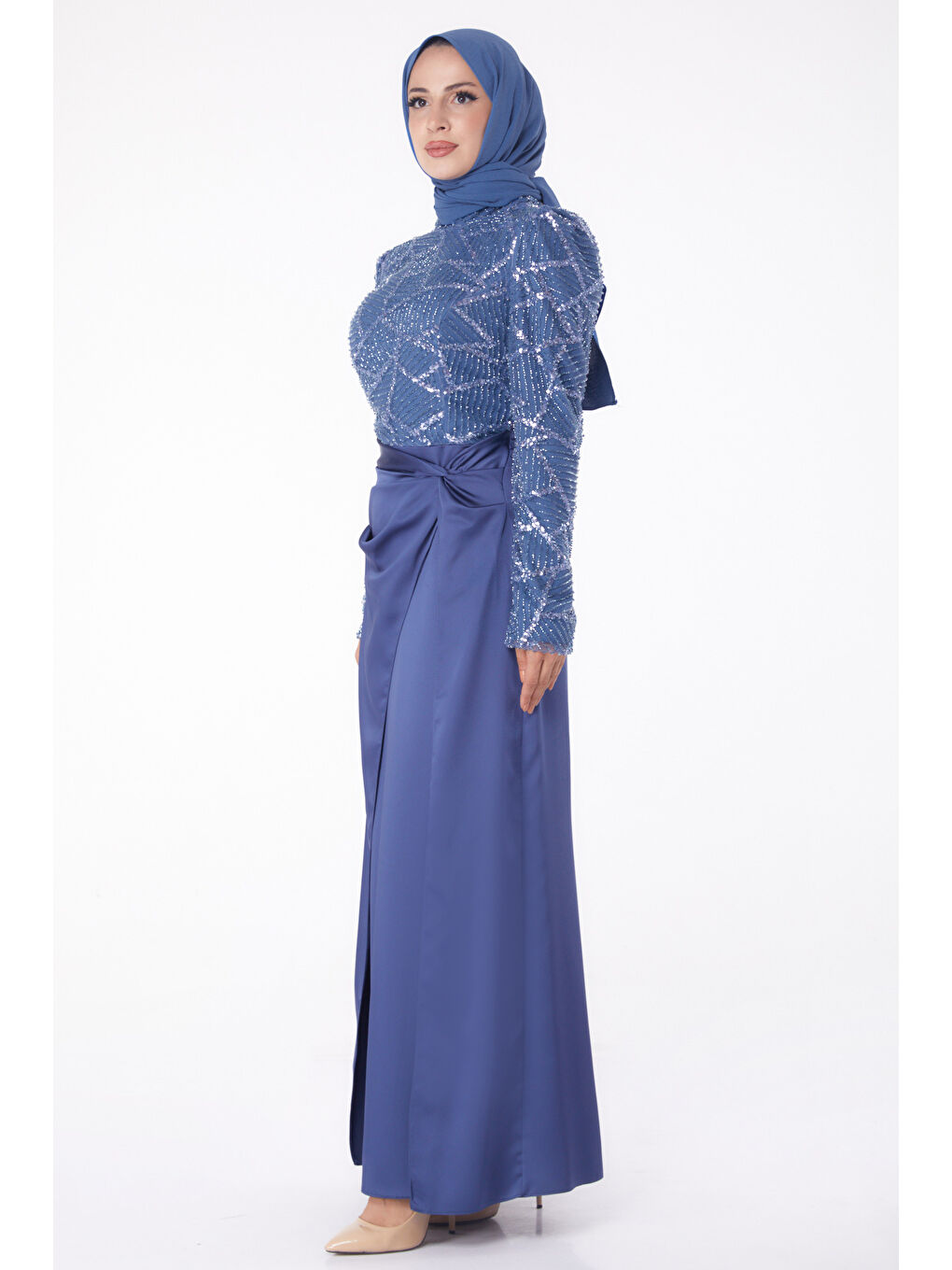 Düz Hakim Yaka Kadın Mavi Taşlı Abiye Elbise - 26196-3