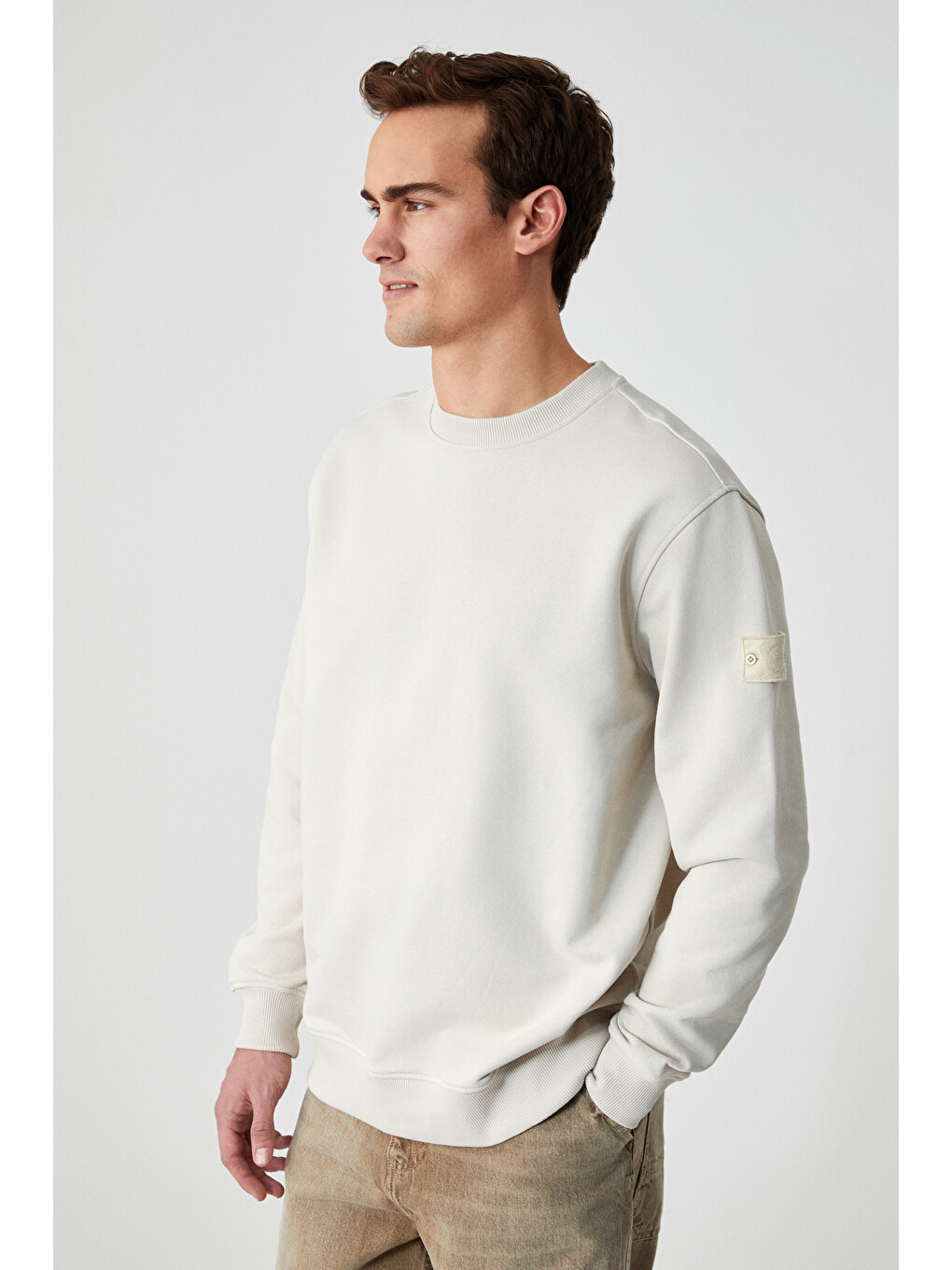 Ollıe Erkek Bisiklet Yaka Regular Uzun Kollu Nakış Detaylı Bej Sweatshirt-4