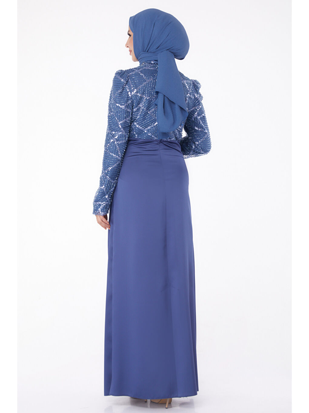 Düz Hakim Yaka Kadın Mavi Taşlı Abiye Elbise - 26196-4