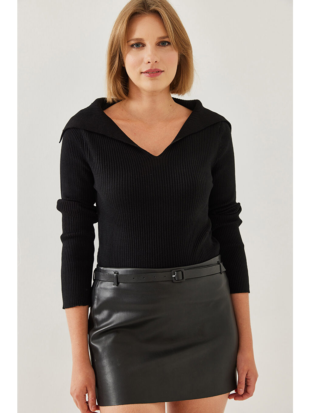 Siyah Kadın Şal Yaka Triko Kazak-4