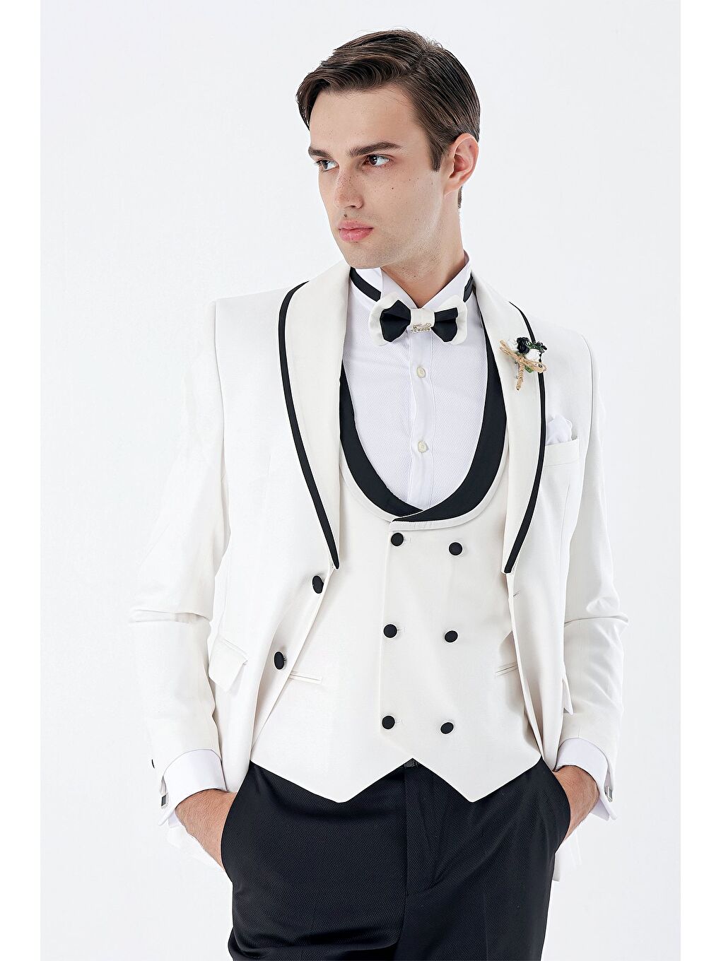 Beyaz Desenli Armürlü Kruvaze 6 Drop Slim Fit Smokin Damatlık Takım 1001230214-2