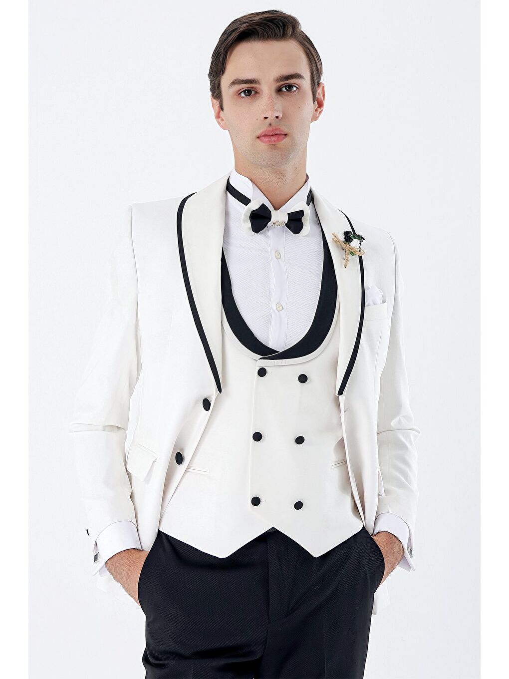 Beyaz Desenli Armürlü Kruvaze 6 Drop Slim Fit Smokin Damatlık Takım 1001230214-3