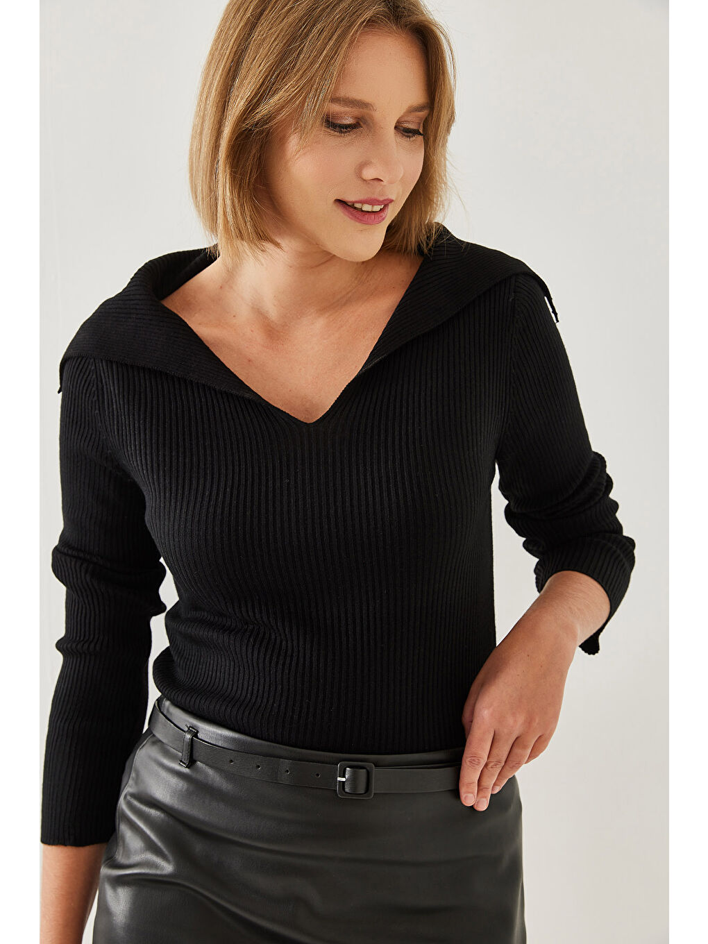 Siyah Kadın Şal Yaka Triko Kazak-6