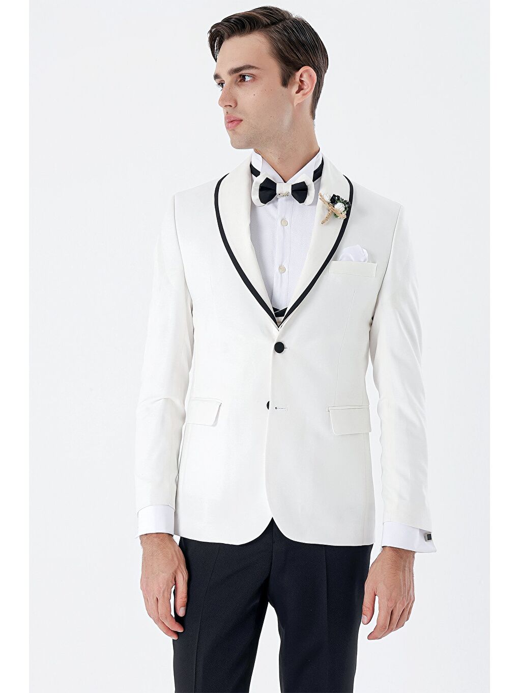 Beyaz Desenli Armürlü Kruvaze 6 Drop Slim Fit Smokin Damatlık Takım 1001230214-4