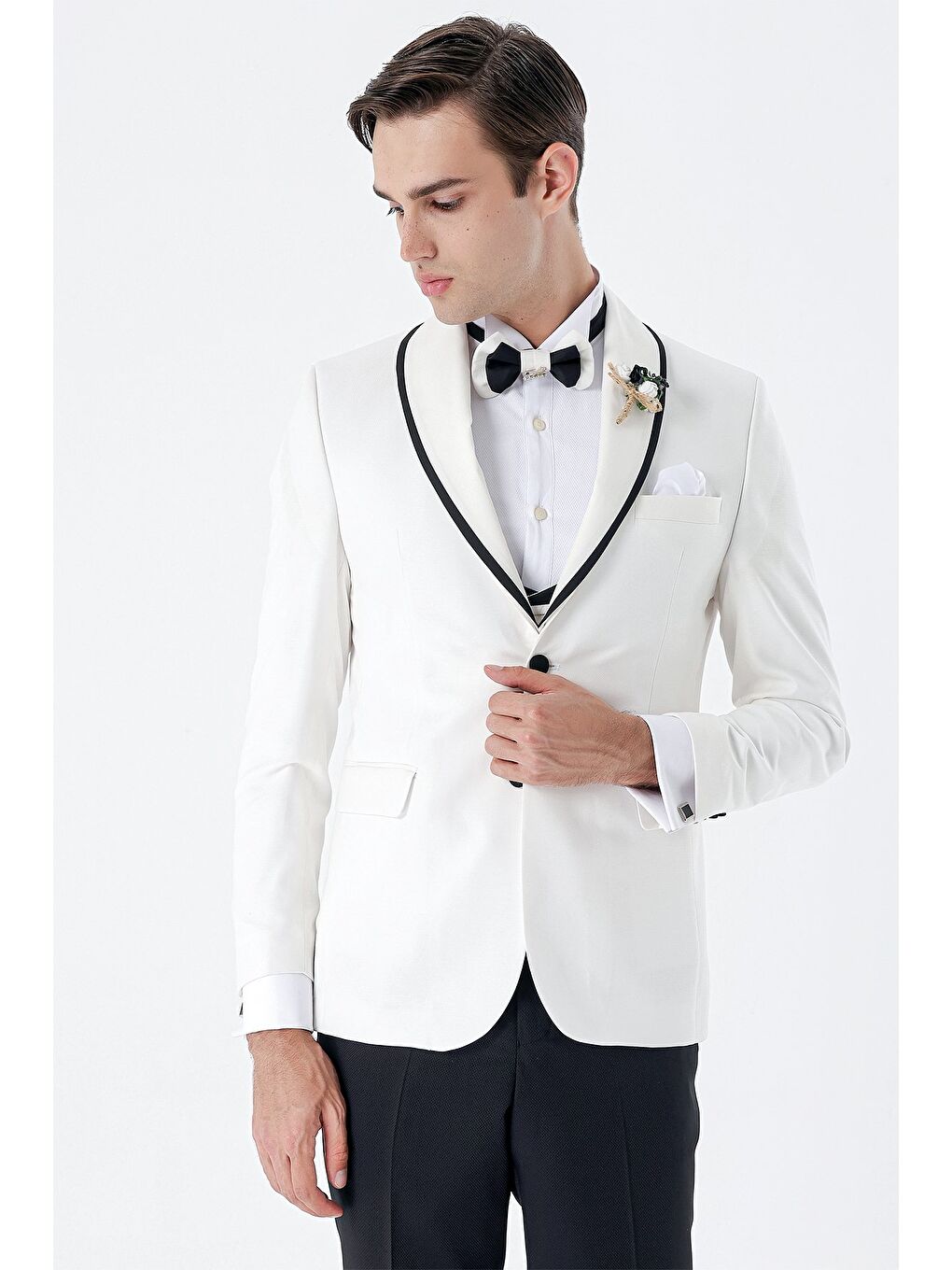 Beyaz Desenli Armürlü Kruvaze 6 Drop Slim Fit Smokin Damatlık Takım 1001230214-5