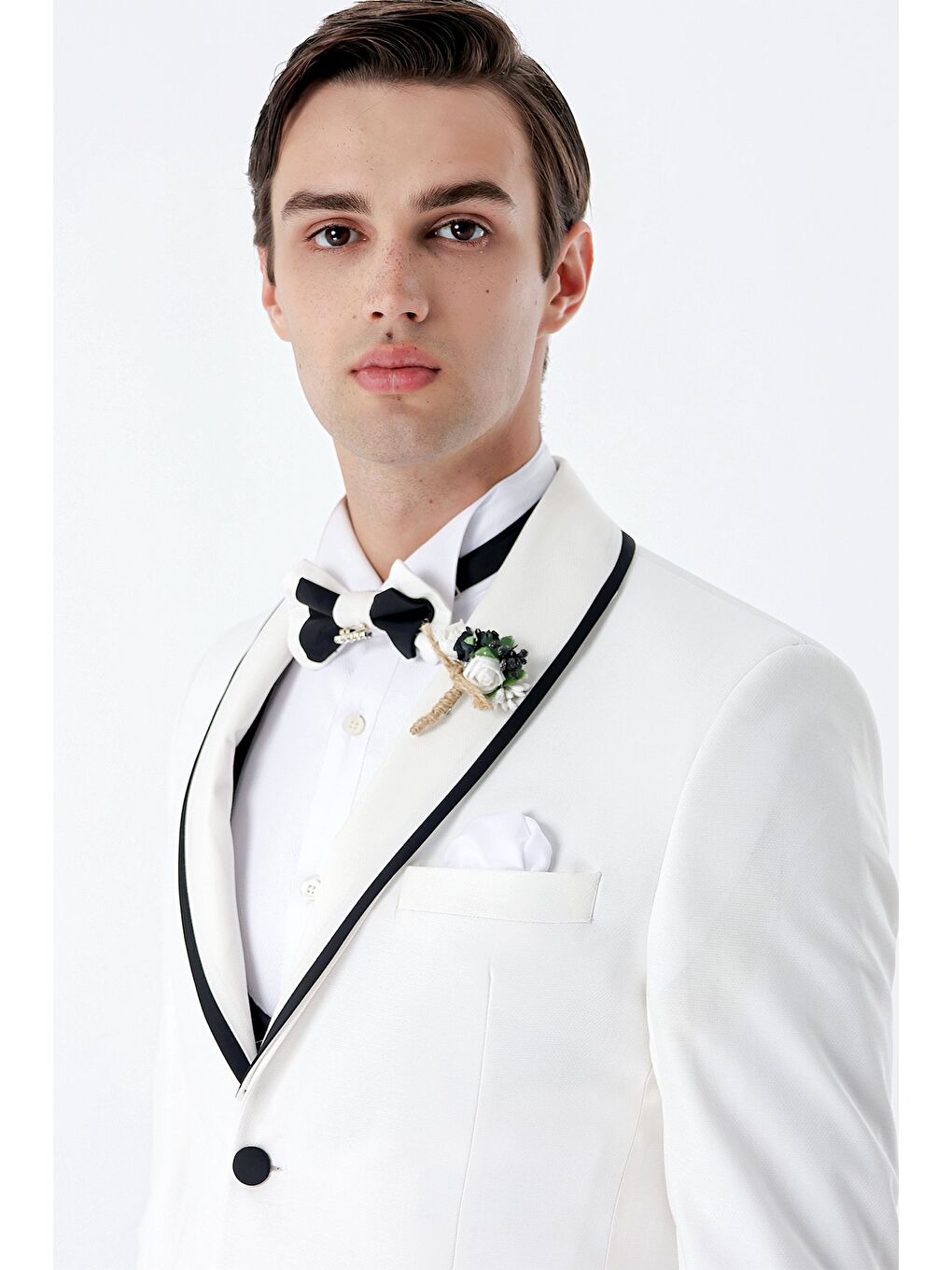 Beyaz Desenli Armürlü Kruvaze 6 Drop Slim Fit Smokin Damatlık Takım 1001230214-6