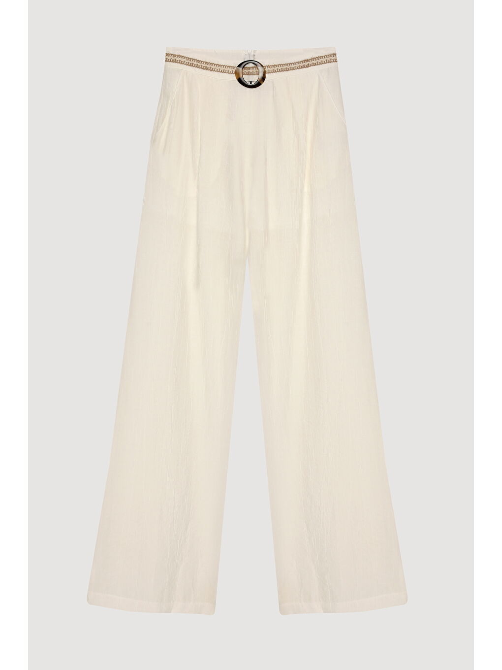 Toka Aksesuarlı Beli Nakışlı Bol Paça Pantolon Ekru-1