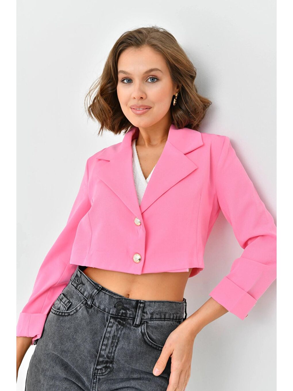 Parkkaron Pembe Kadın Pembe Düğme Detay Crop Blazer Ceket