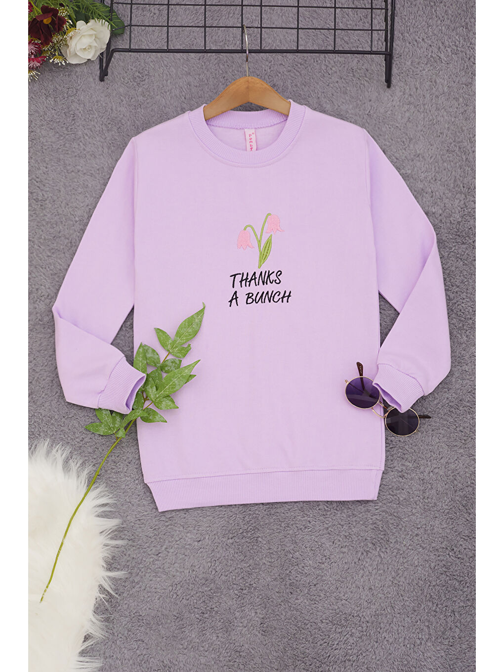 Pembe Life Kids Club Lila Lale Nakışlı Kız Çocuk Sweatshirt 17212