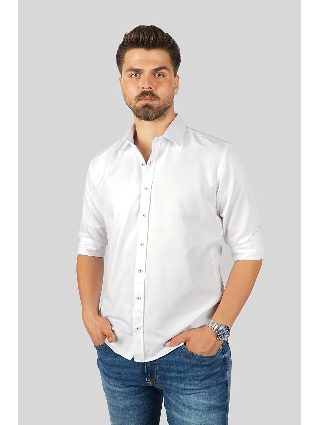 Beyaz Baklava Desen Slimfit Erkek Gömlek-4