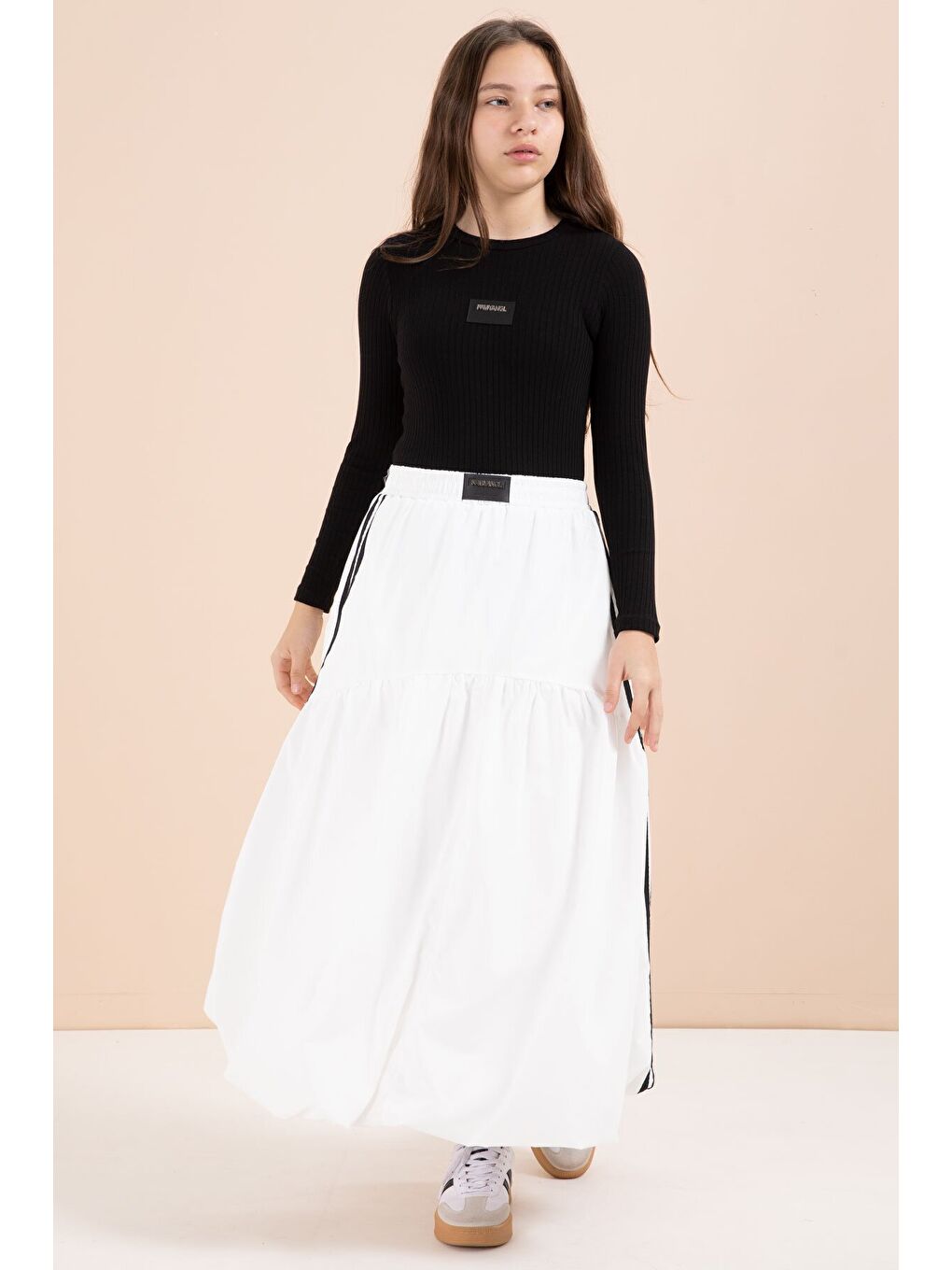 Beyaz Şeritli Balon Etekli Uzun Kol Badili 2li Kız Çocuk Takım 23464