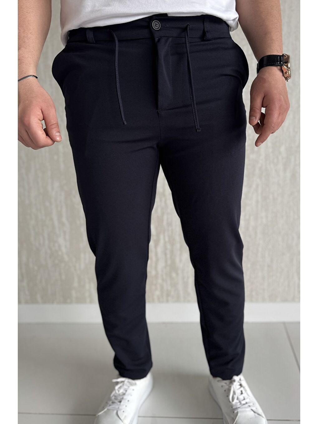 Lacivert Bel Bağcıklı Fermuarlı Erkek Jogger Pantolon-3