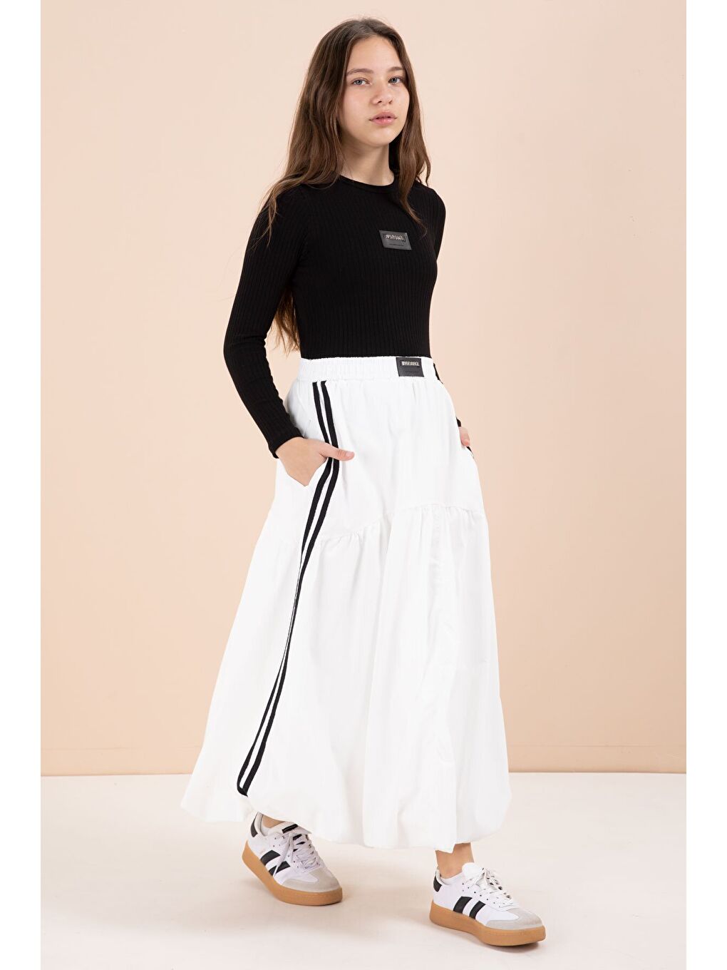 Beyaz Şeritli Balon Etekli Uzun Kol Badili 2li Kız Çocuk Takım 23464-1