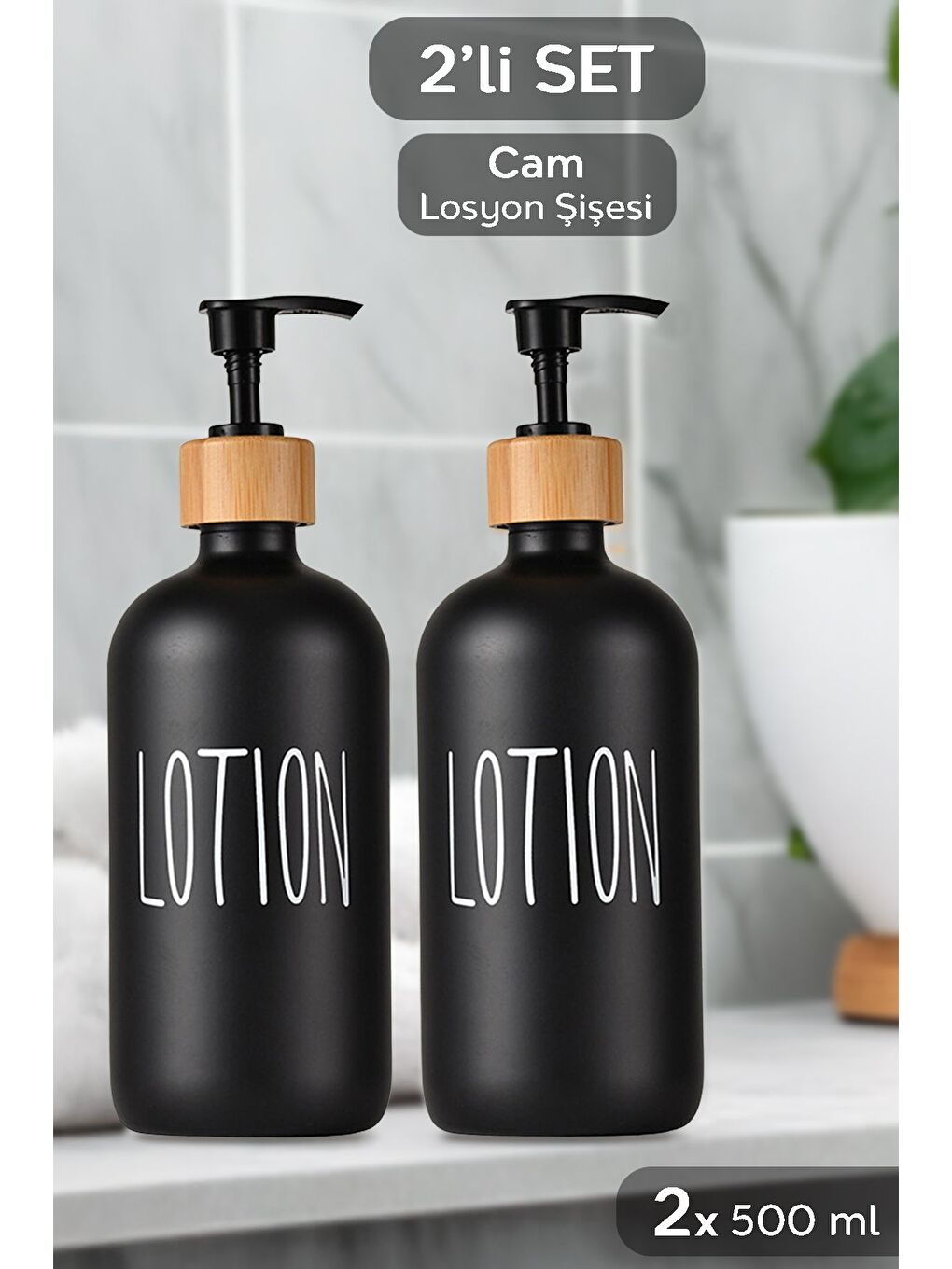 2 Adet Banyo Sıvı Sabunluk Cam Losyon Şampuan Şişesi 500 ml Siyah