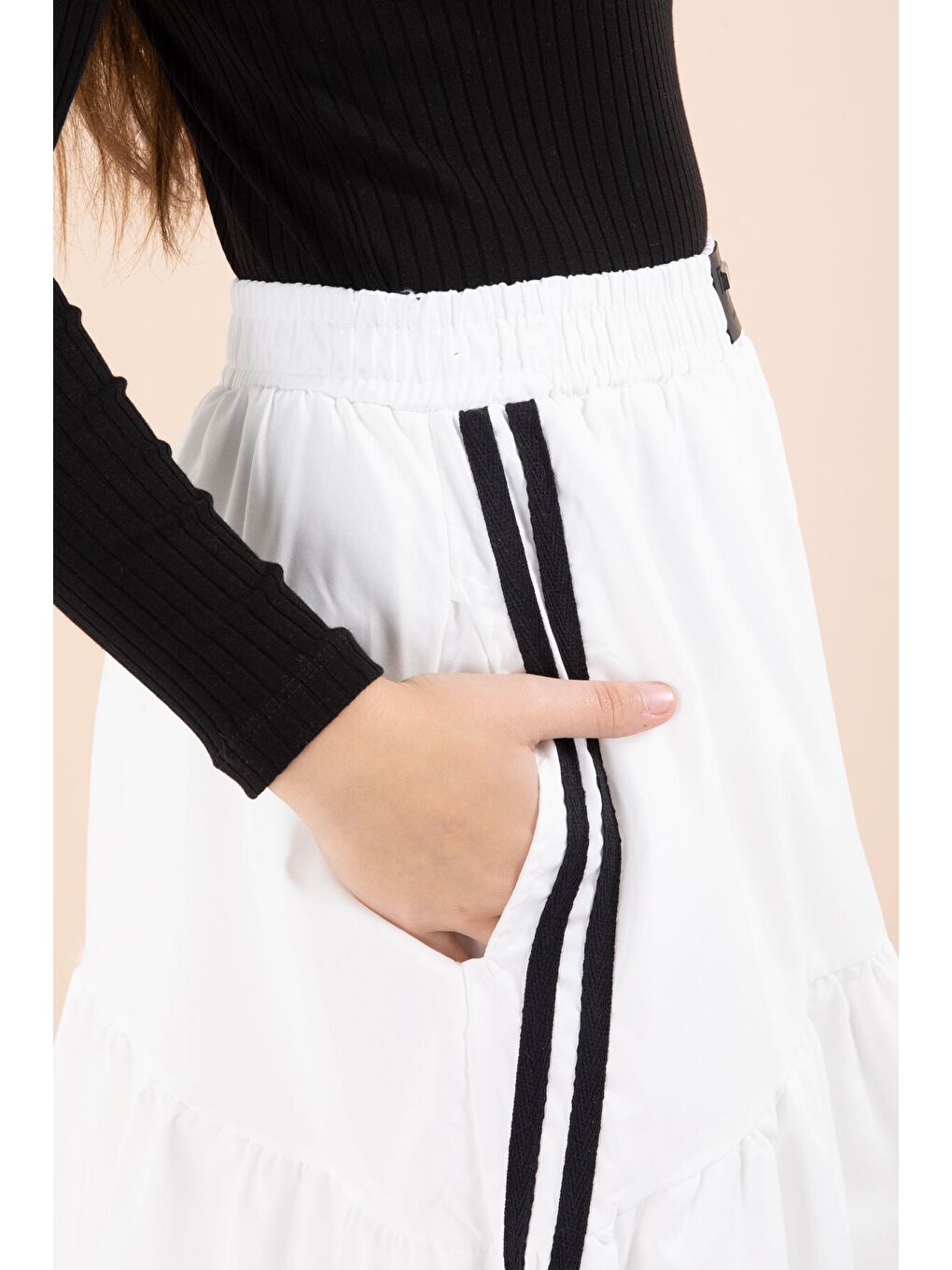 Beyaz Şeritli Balon Etekli Uzun Kol Badili 2li Kız Çocuk Takım 23464-3