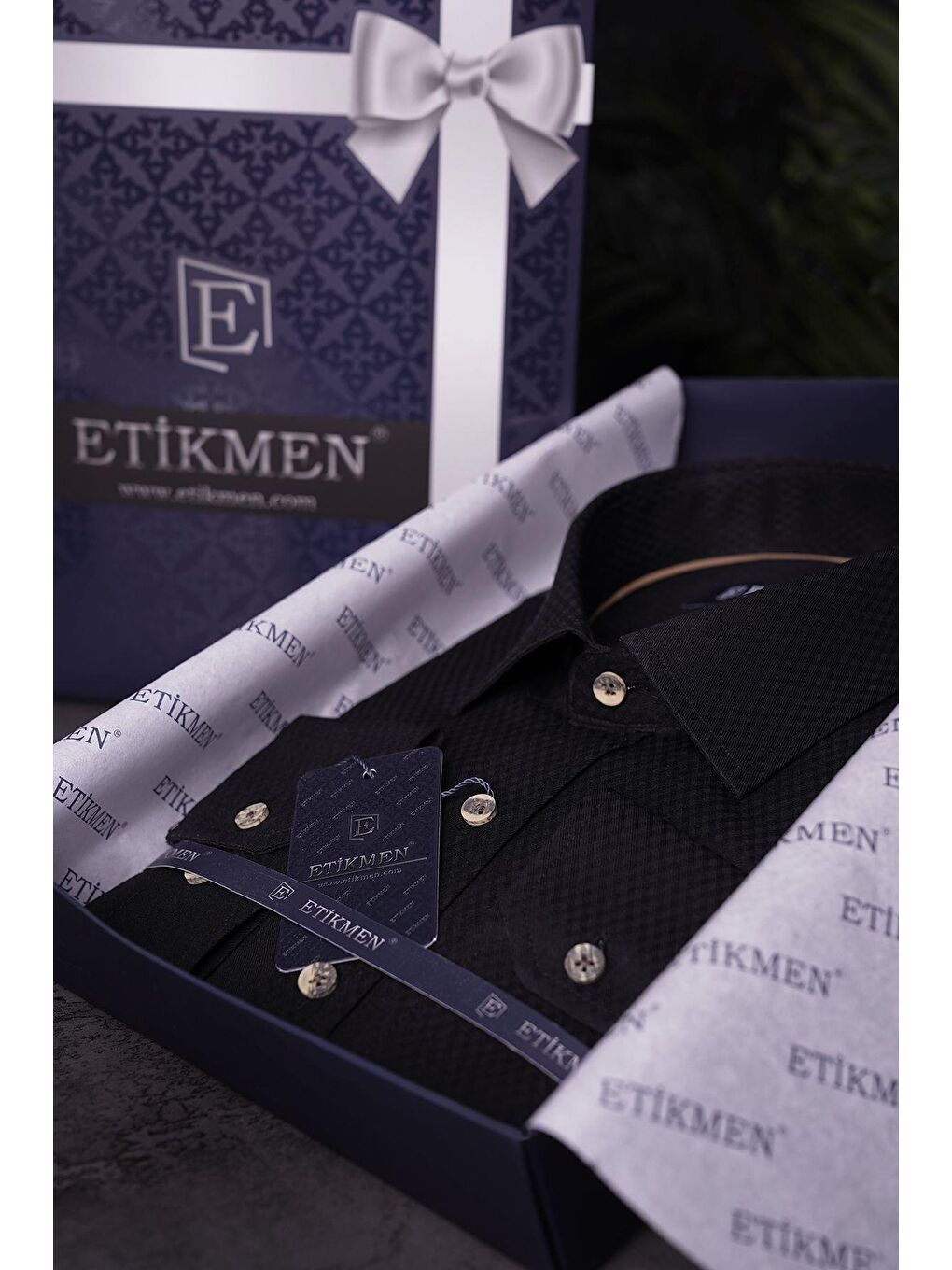 Siyah Kahve Düğmeli Baklava Desen Slimfit Erkek Gömlek-3