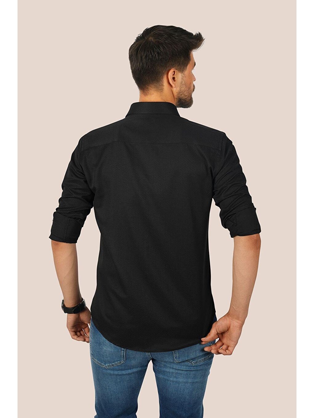 Siyah Kahve Düğmeli Baklava Desen Slimfit Erkek Gömlek-6