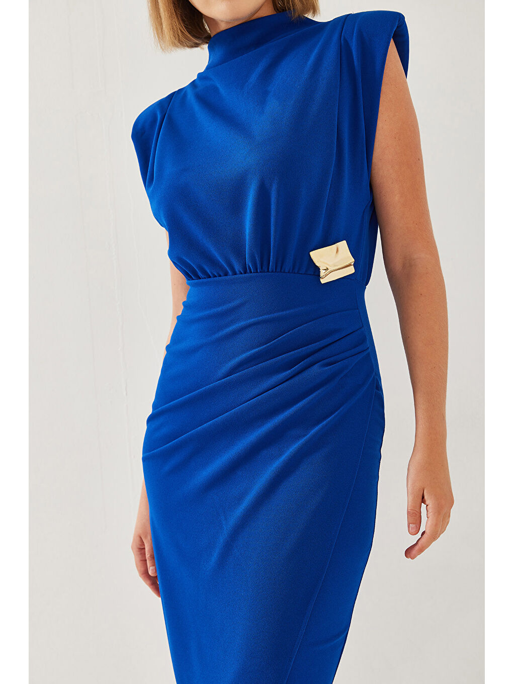 Lacivert Kadın Tokalı Vatkalı Elbise-1