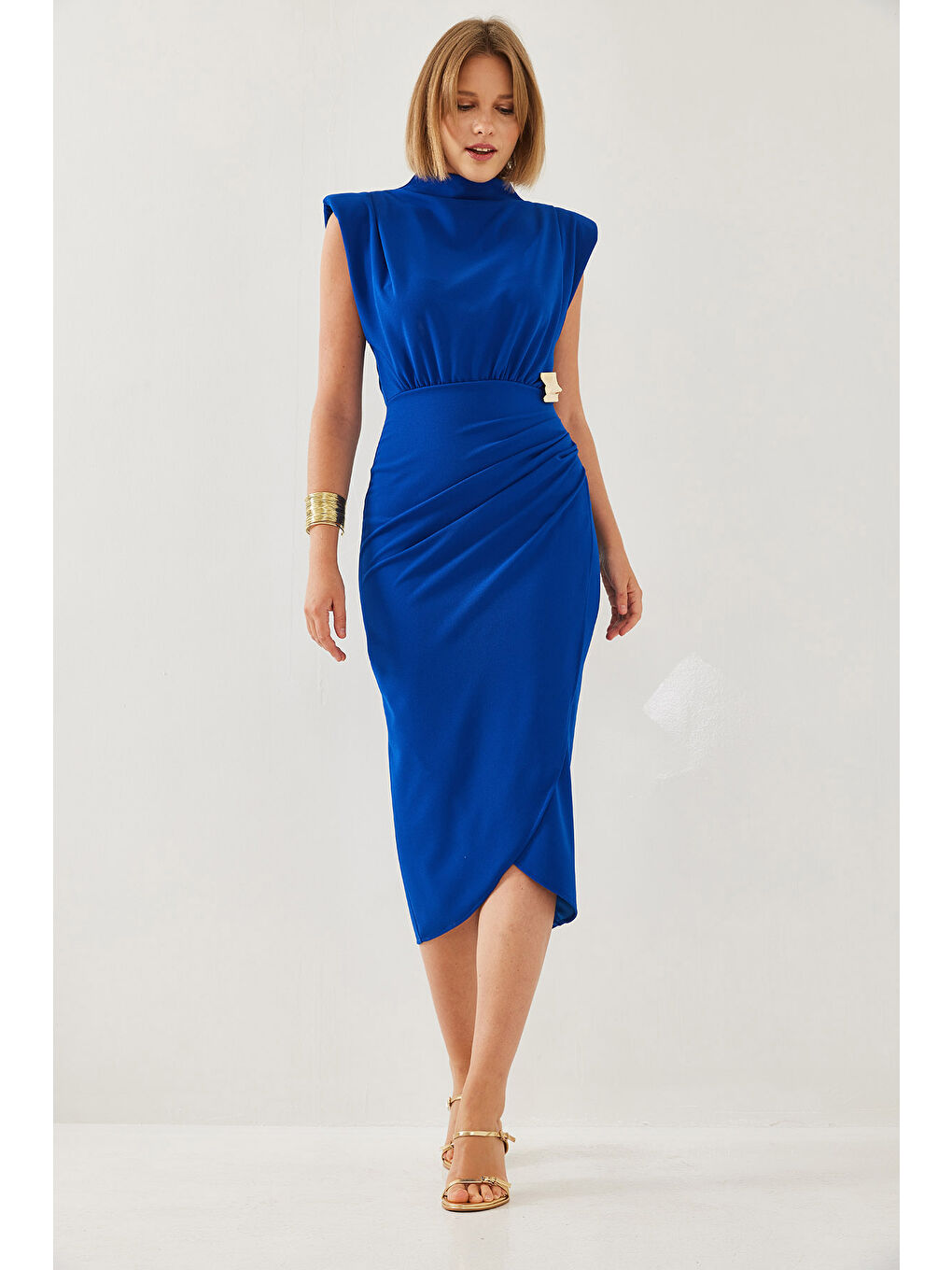 Lacivert Kadın Tokalı Vatkalı Elbise-4