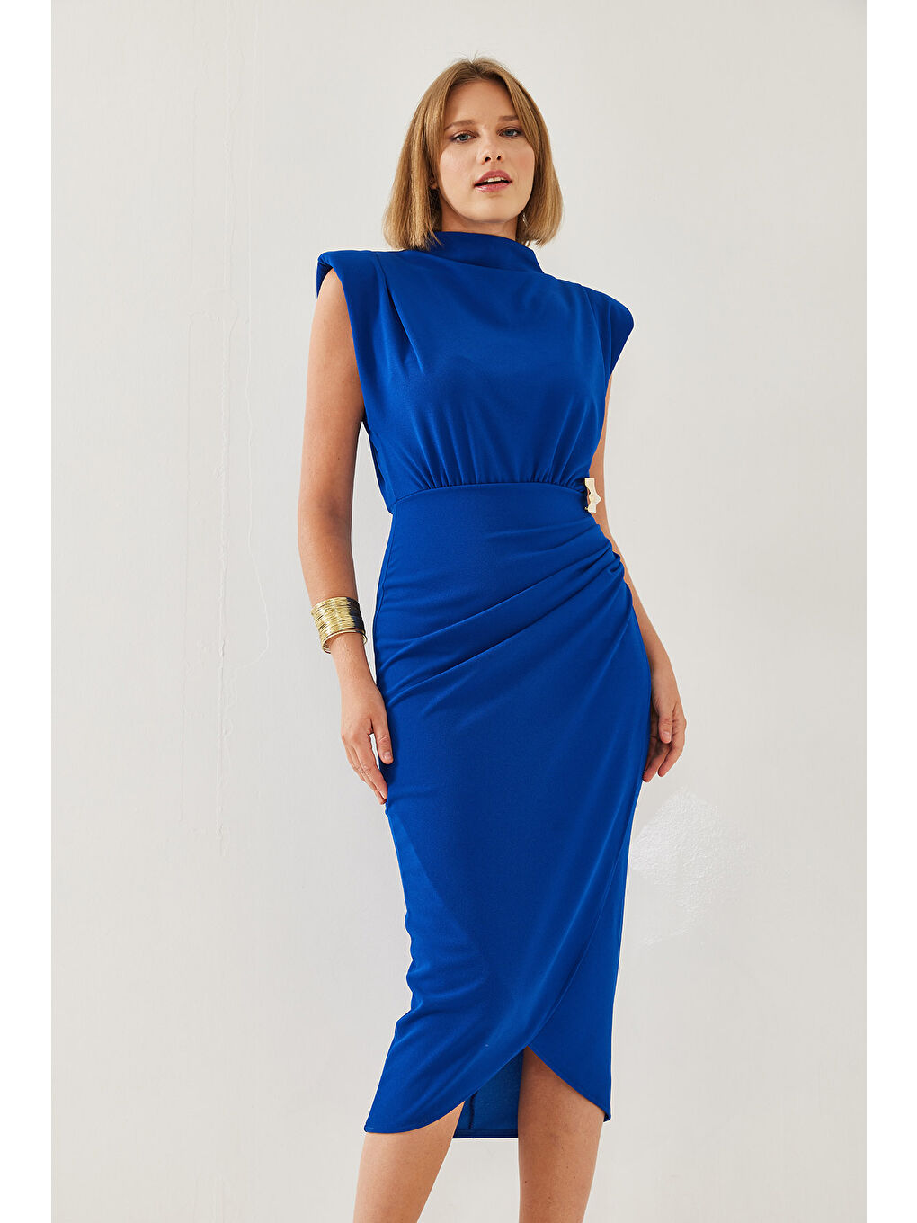 Lacivert Kadın Tokalı Vatkalı Elbise-5