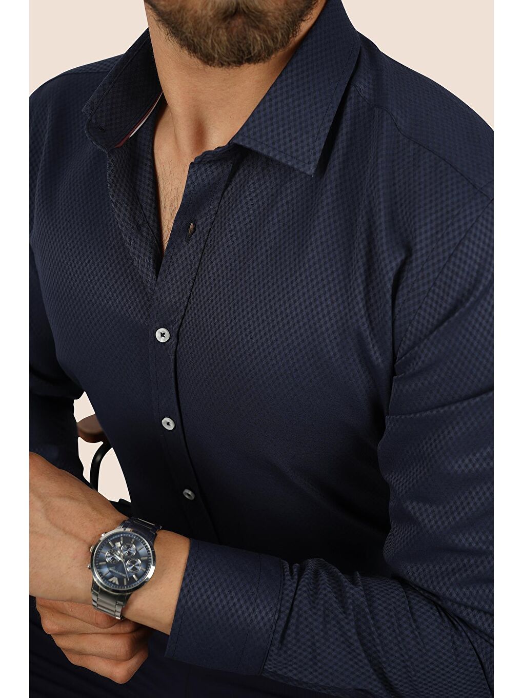 Lacivert Baklava Desen Slimfit Erkek Gömlek