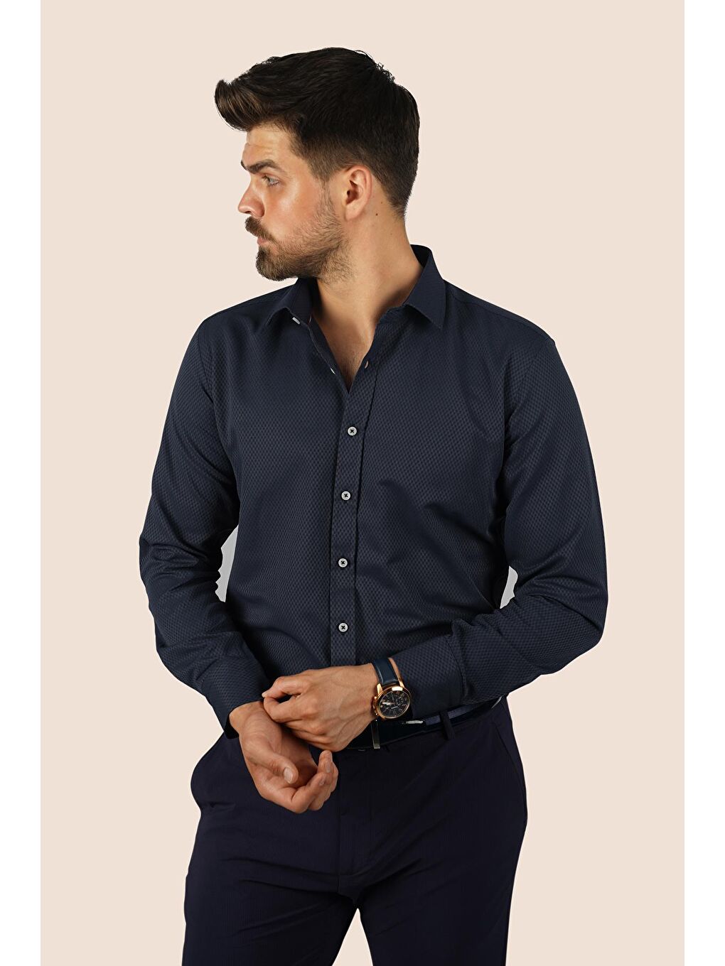 Lacivert Baklava Desen Slimfit Erkek Gömlek-1