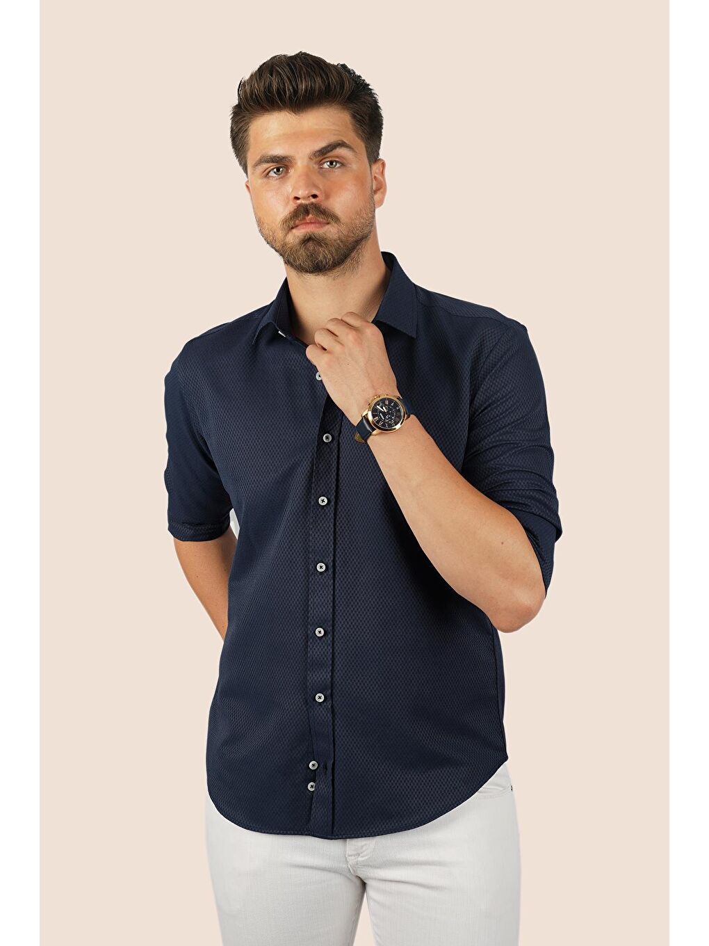 Lacivert Baklava Desen Slimfit Erkek Gömlek-2