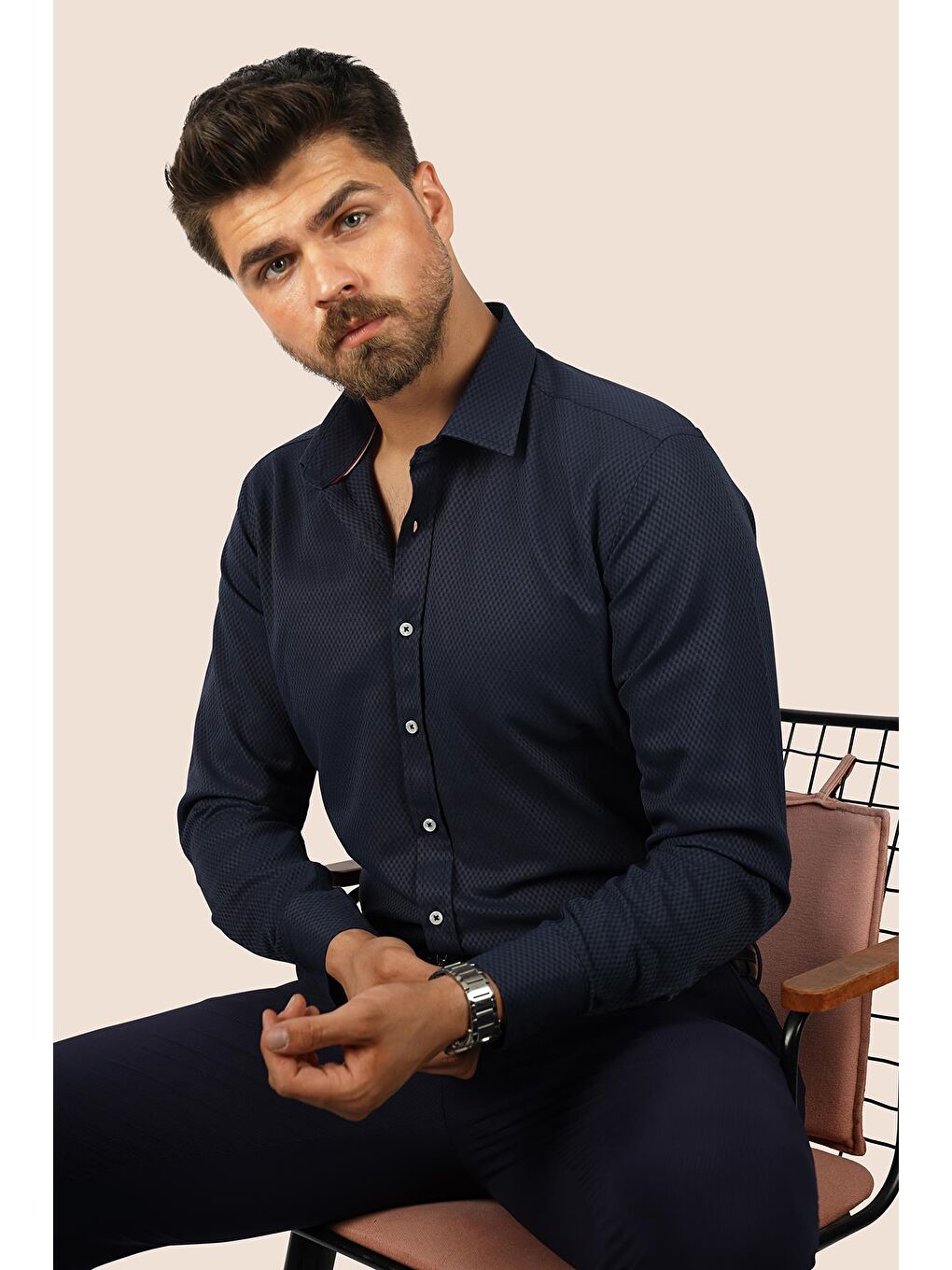 Lacivert Baklava Desen Slimfit Erkek Gömlek-4