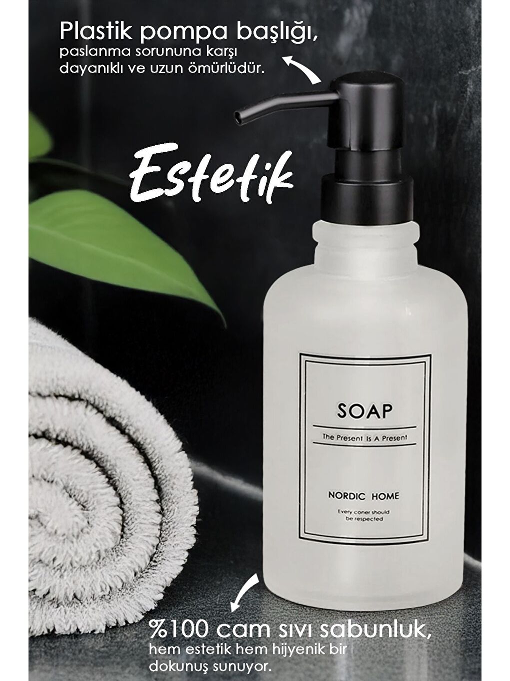 Beyaz 3'lü Cam Banyo Seti Sıvı Sabun Şişesi Diş Fırçalık ve Pamukluk Sabunluk Seti Banyo Organizeri-1