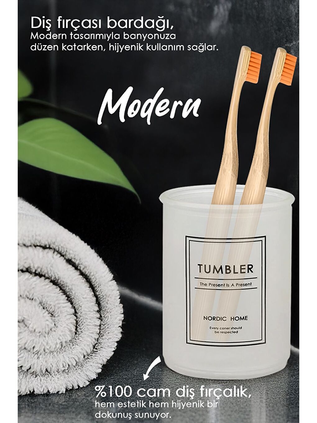 Beyaz 3'lü Cam Banyo Seti Sıvı Sabun Şişesi Diş Fırçalık ve Pamukluk Sabunluk Seti Banyo Organizeri-2