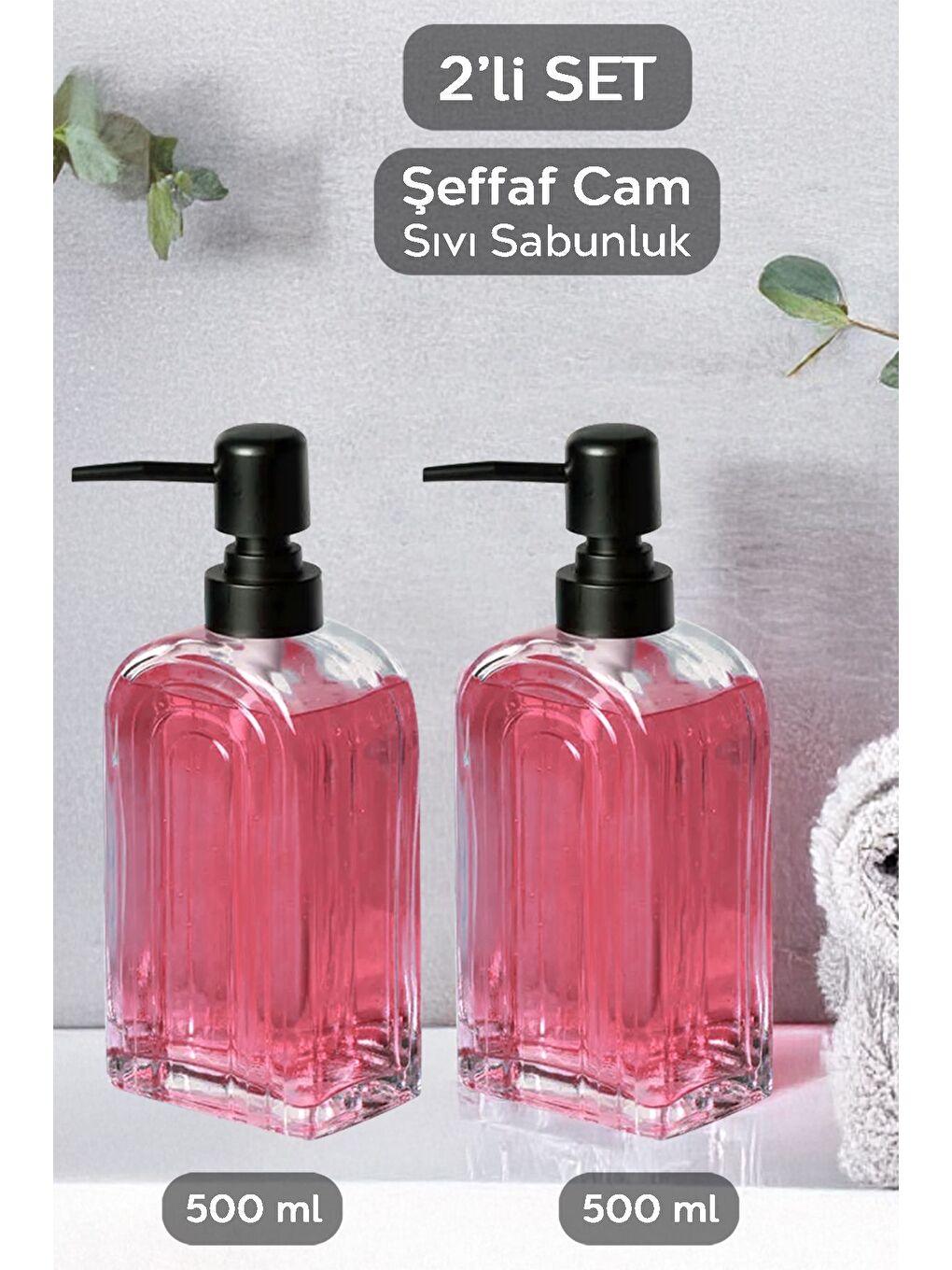 Renksiz 2'li Cam Sıvı Sabunluk Seti Mutfak Banyo Sıvı Sabun Bulaşık Deterjanı Şişesi 500 ml Şeffaf