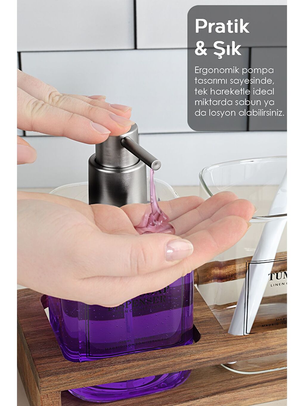 Renksiz Ahşap Standlı Cam Sıvı Sabunluk Seti Sıvı Sabun Şişesi Diş Fırçalığı Banyo Seti Şeffaf 550 ml-2