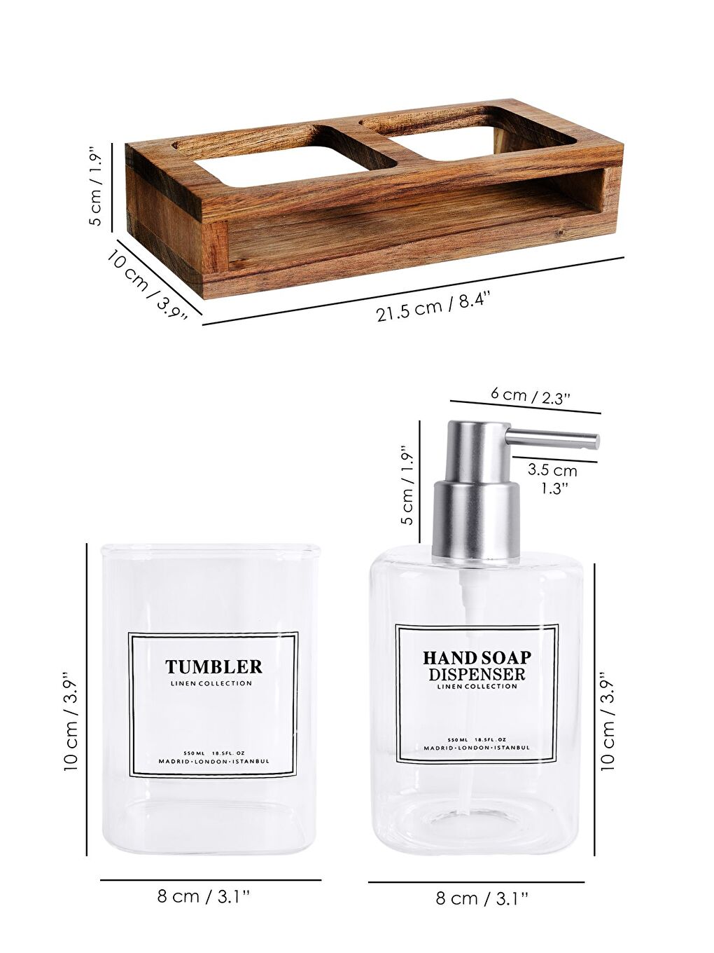 Renksiz Ahşap Standlı Cam Sıvı Sabunluk Seti Sıvı Sabun Şişesi Diş Fırçalığı Banyo Seti Şeffaf 550 ml-4