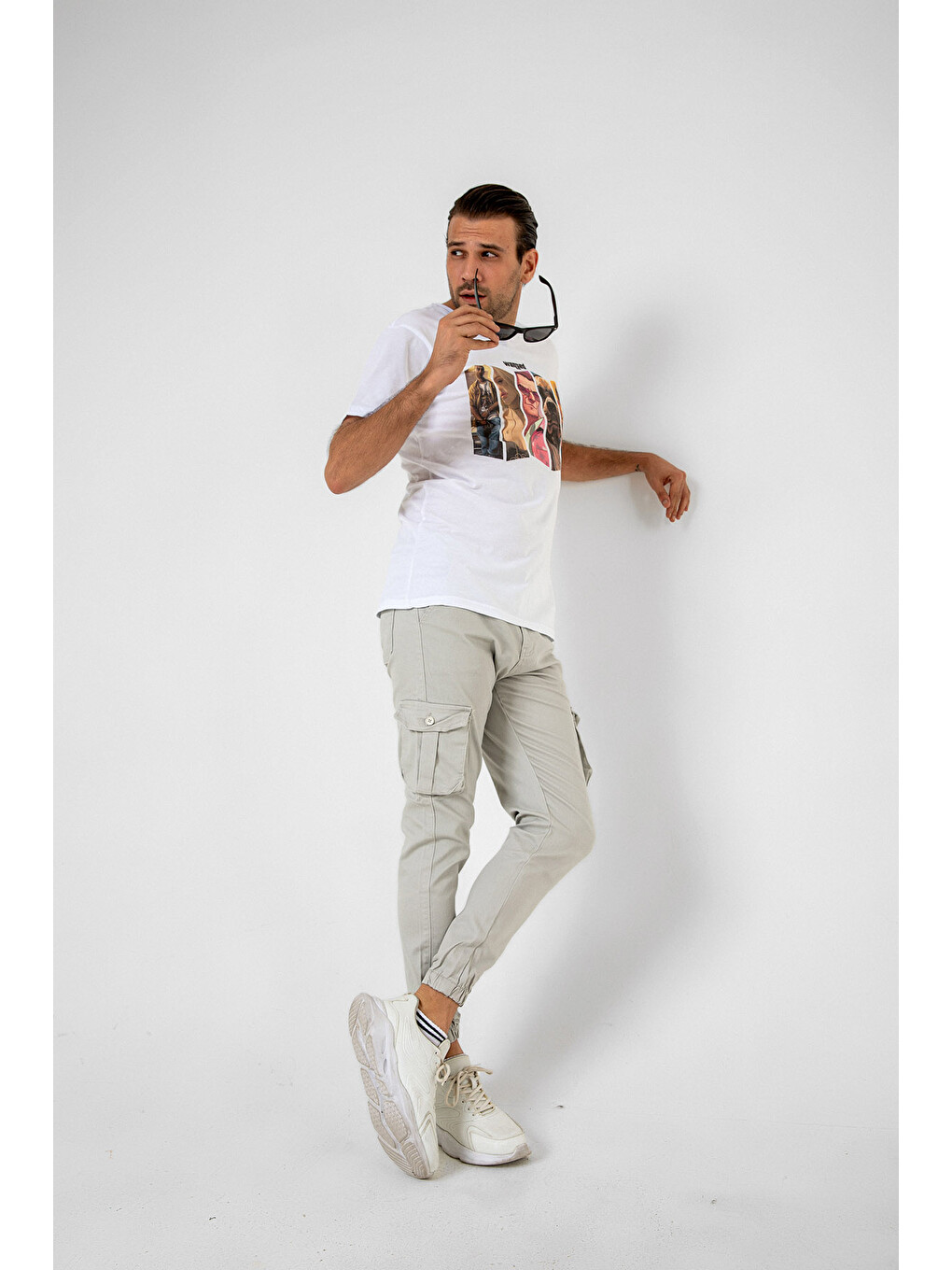 Gri Kargo Cepli, Fermuarlı Paça Lastikli Esnek Kumaş Slim Fit Gabardin Erkek Kargo Pantolon-2