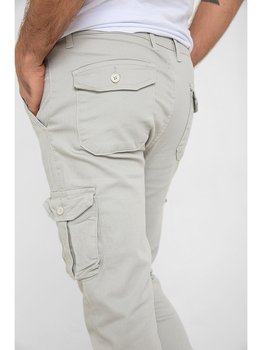 Gri Kargo Cepli, Fermuarlı Paça Lastikli Esnek Kumaş Slim Fit Gabardin Erkek Kargo Pantolon-4