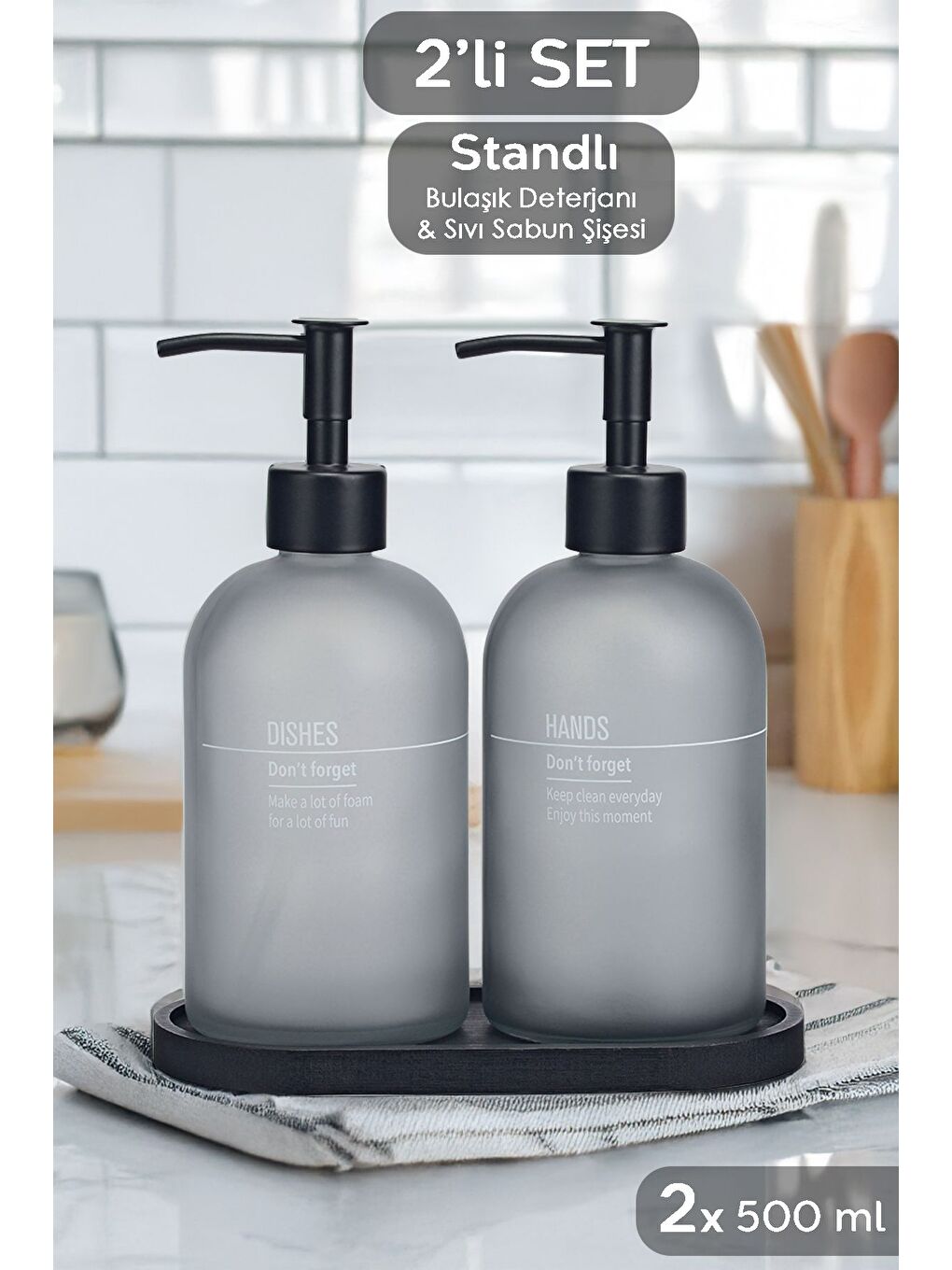 2'li Ahşap Standlı Cam Sıvı Sabunluk Mutfak Sıvı Sabun Bulaşık Deterjanı Şişesi 500 ml Antrasit