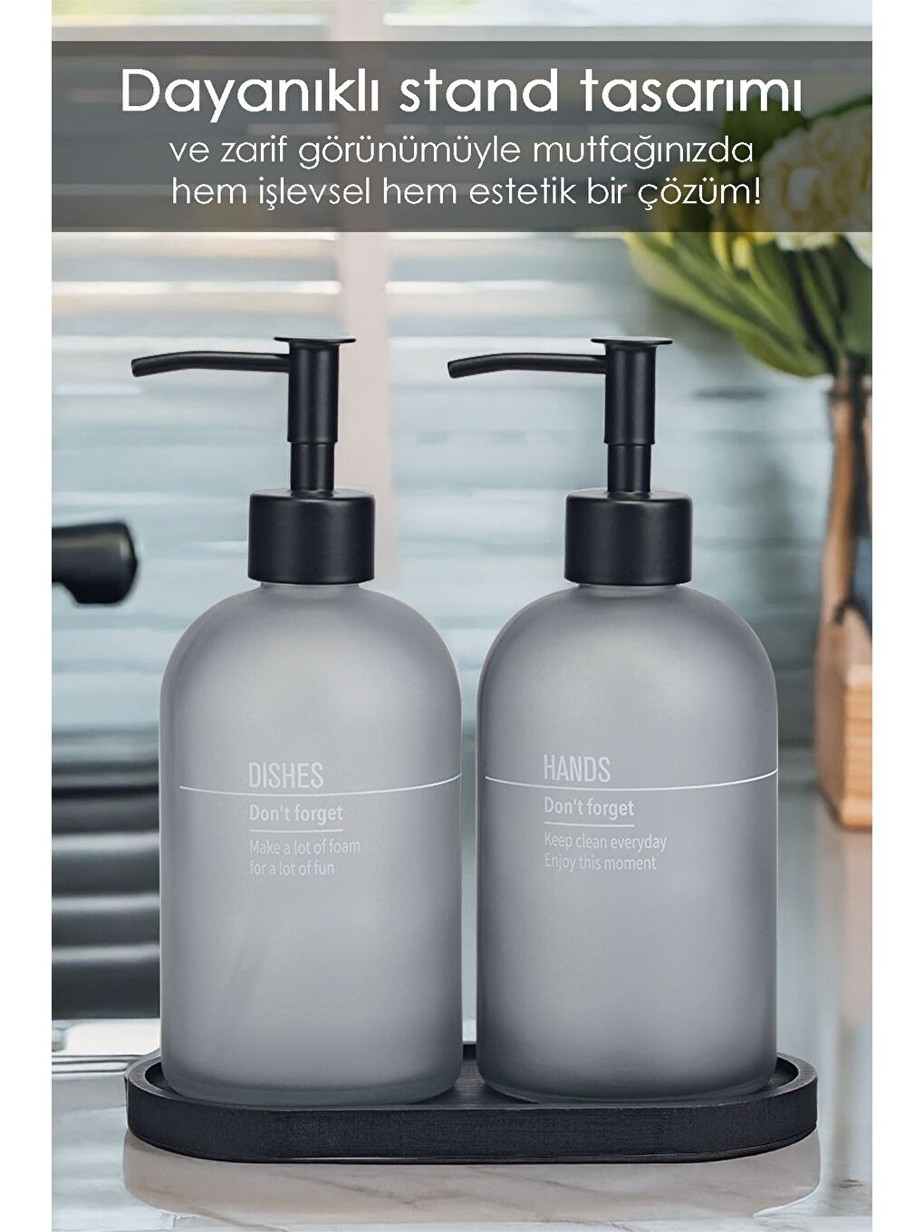 2'li Ahşap Standlı Cam Sıvı Sabunluk Mutfak Sıvı Sabun Bulaşık Deterjanı Şişesi 500 ml Antrasit-1