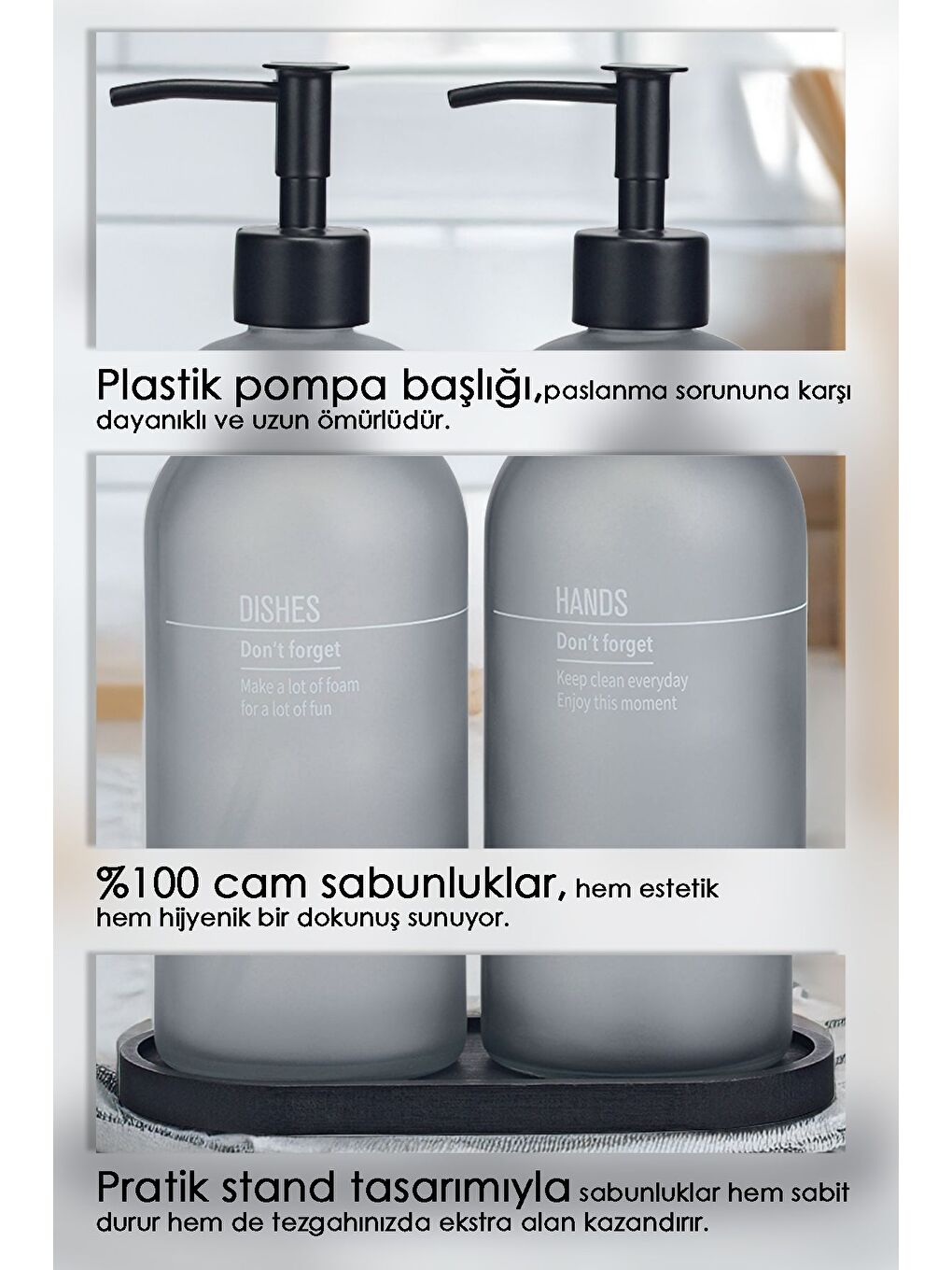2'li Ahşap Standlı Cam Sıvı Sabunluk Mutfak Sıvı Sabun Bulaşık Deterjanı Şişesi 500 ml Antrasit-2
