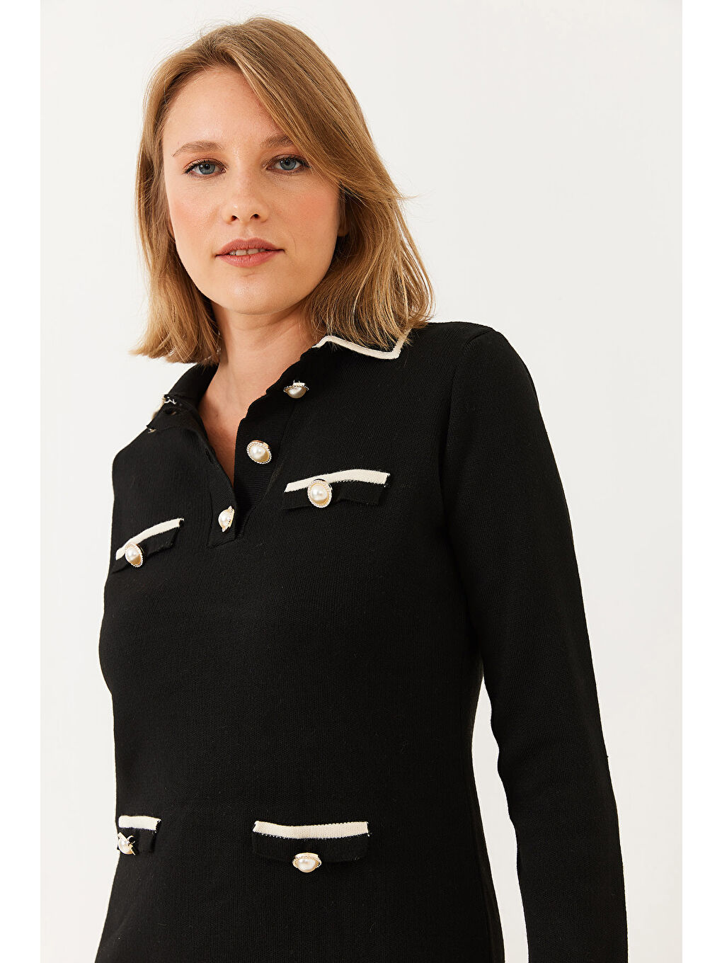 Siyah Kadın Gömlek Yaka Düğme ve Cep Detaylı Uzun Kollu Mini Triko Elbise-3