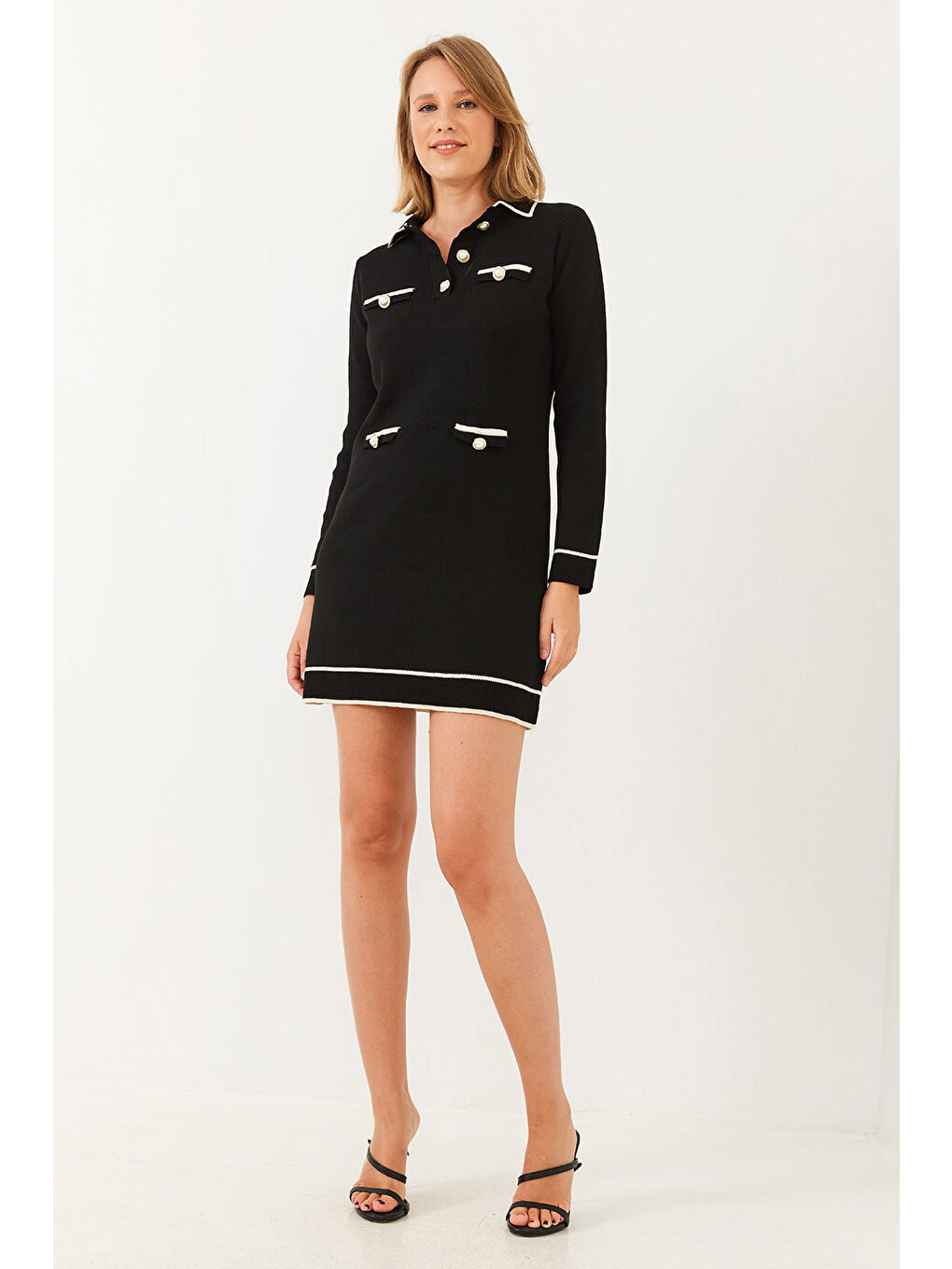 Siyah Kadın Gömlek Yaka Düğme ve Cep Detaylı Uzun Kollu Mini Triko Elbise-5