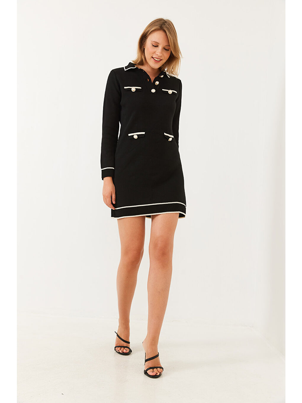 Siyah Kadın Gömlek Yaka Düğme ve Cep Detaylı Uzun Kollu Mini Triko Elbise-6