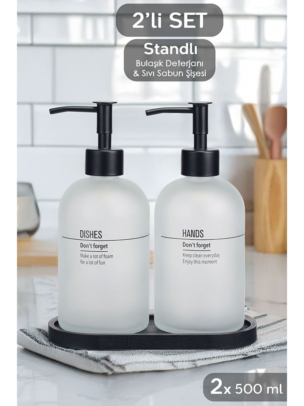 2'li Ahşap Standlı Cam Sıvı Sabunluk Mutfak Sıvı Sabun Bulaşık Deterjanı Şişesi 500 ml Beyaz