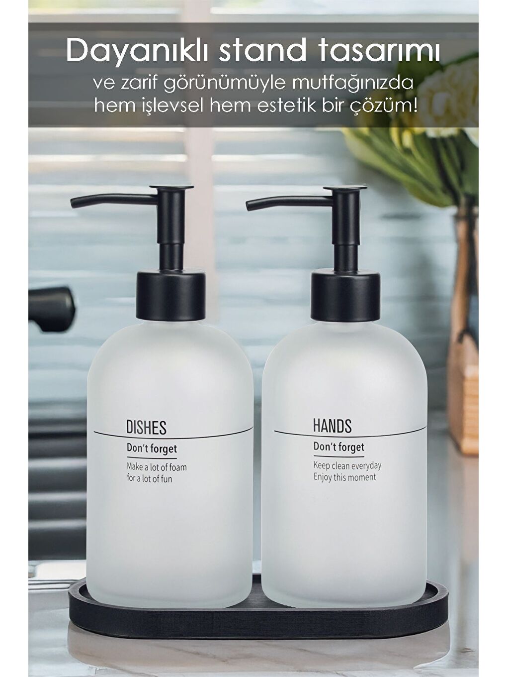 2'li Ahşap Standlı Cam Sıvı Sabunluk Mutfak Sıvı Sabun Bulaşık Deterjanı Şişesi 500 ml Beyaz-1