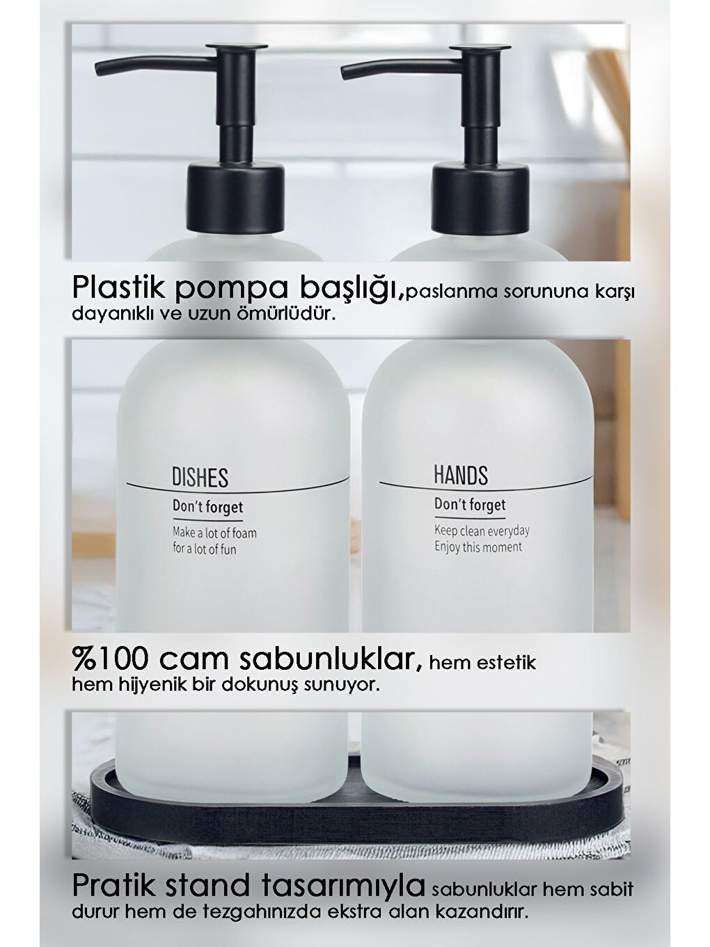 2'li Ahşap Standlı Cam Sıvı Sabunluk Mutfak Sıvı Sabun Bulaşık Deterjanı Şişesi 500 ml Beyaz-2