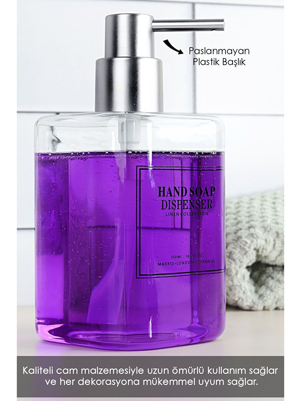 Renksiz 1 Adet Şeffaf Cam Sıvı Sabunluk Banyo Mutfak El Sabunu Sıvı Sabun Şişesi 550 ml-3