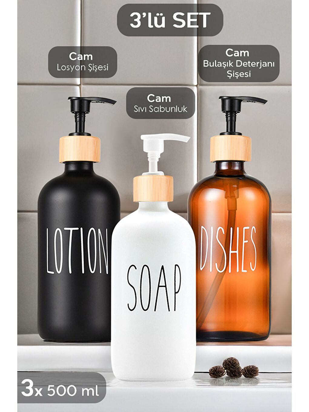Siyah 3'lü Mutfak Banyo Sıvı Sabunluk Seti Cam Sıvı Sabun Bulaşık Deterjanı Losyon Şişesi 500 ml