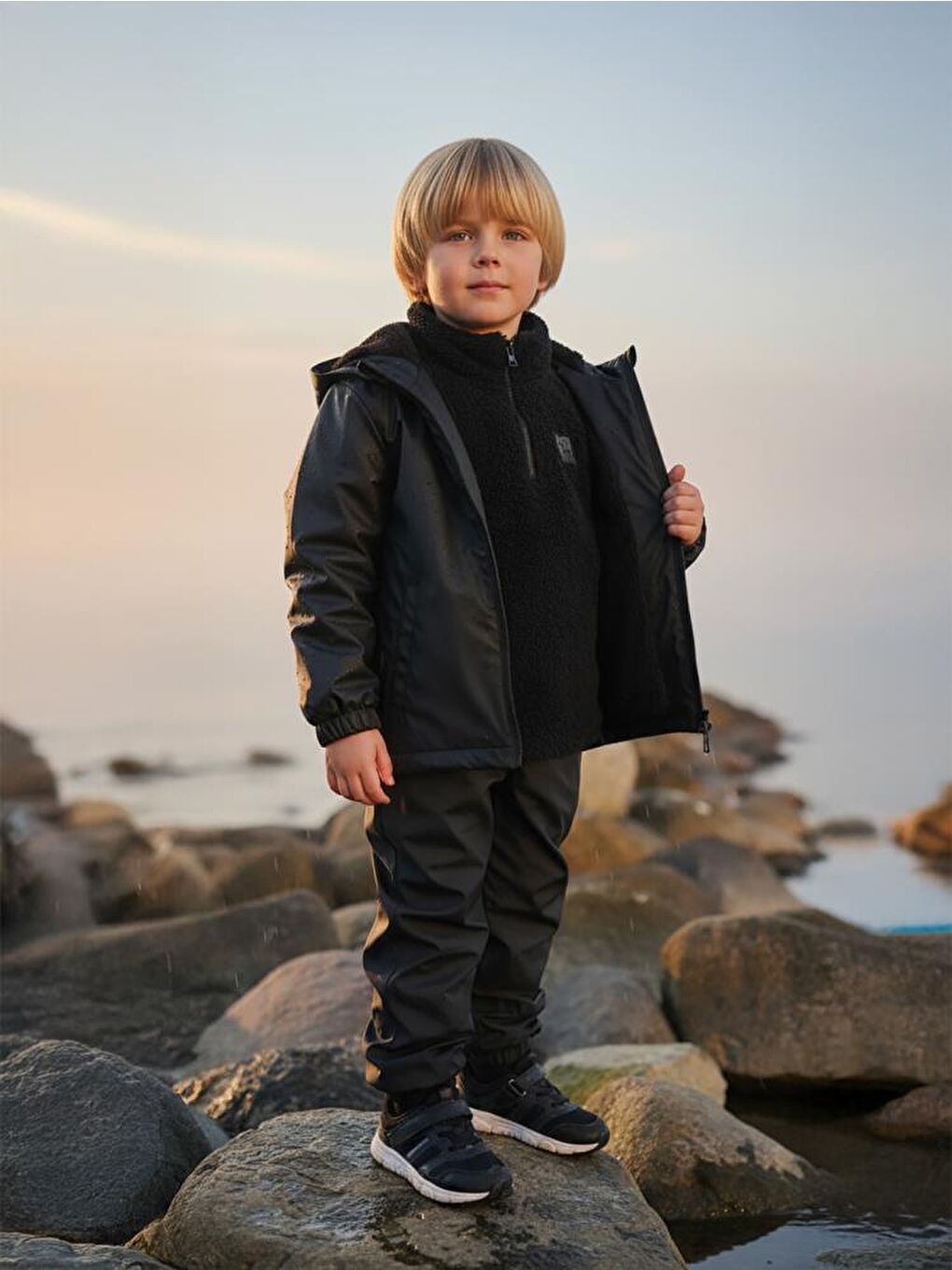 Siyah Boys İçi Polarlı Basic 6-9 Yaş Yağmurluk