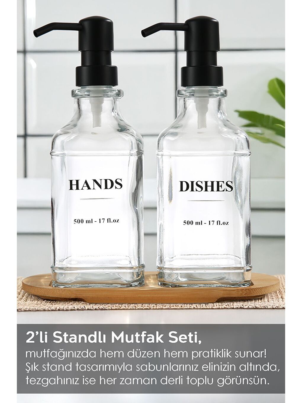 Renksiz 2'li Standlı Etiketli Cam Sabunluk Mutfak Seti Sıvı Sabun Bulaşık Deterjanı Şişesi 500 ml Şeffaf-1
